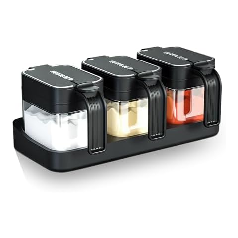 Mlici Seasoning Containers with Lid and Spoon, Set of 3 Glass Salt and Sugar Container, 13.52 Ounce Wall Mounted Condiment Jar Spice Box Set with Base for Hone Kitchen Countertop Cover