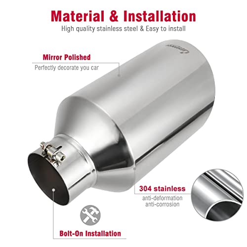 Upower 4 Inch Inlet 8 Inch Outlet Exhaust Tip Stainless Steel 4" To 8" Tail Pipe Tips 15" Long Bolt-On 45 Degree Angle Cut Universal For Car Truck #TOP4