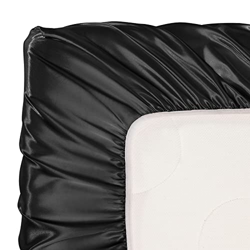 Image of SiinvdaBZX 2 Pcs Satin Crib Sheets for Baby Boys, Black | 52 x 28 Inch Silk-Like Soft Fitted Crib Sheet Baby Mattress Sheet for Standard Crib, Toddler Mattress, with 8 Inch Pocket