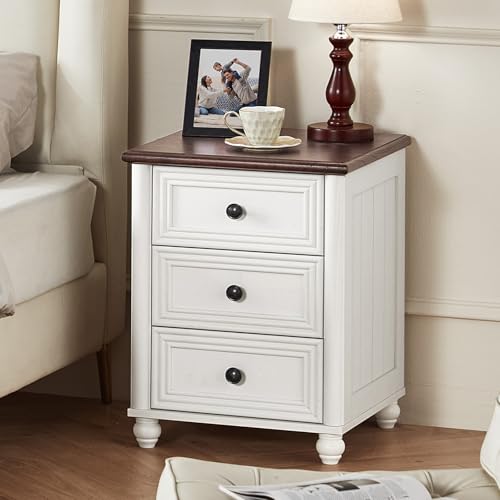 18" Farmhouse Night Stand, White Wood Nightstand with 3 Drawers, Bedside End Table with Storage and Roman Column, Bed Side Tables Cabinet for Bedroom, Living Room, and Closet