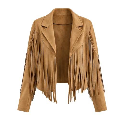 Women Faux Suede Fringe Jacket Notched Lapel Open Front Cropped Blazer Coat - image 5