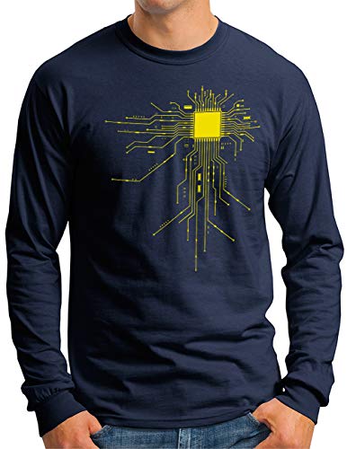 T-shirt Geek CPU homme manches longues pour coder au bureau en bleu marine