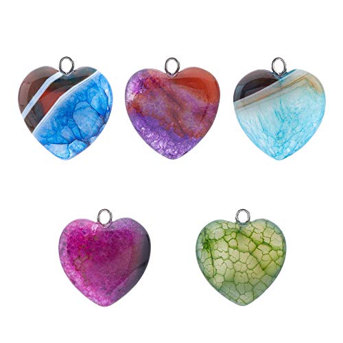 arricraft 5PCS Heart Beads Pendants Gemstone Stone Charms Healing Stone Beads Pendants for DIY Necklace Jewelry Making-Assorted Color