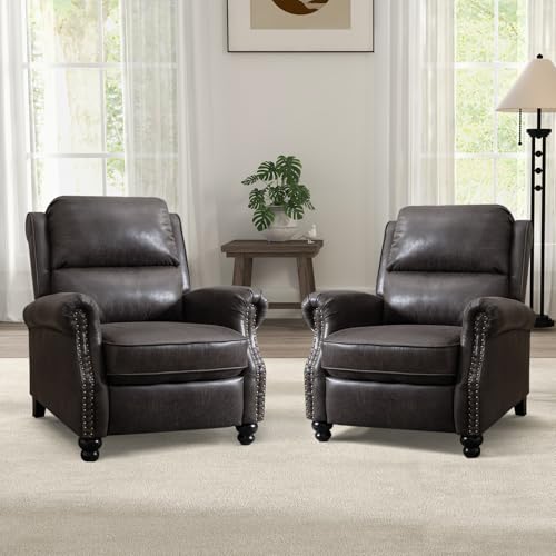 CANMOV Pushback Recliner Chair Set of 2, Faux Leather Armchair Push Back Recliner with Rivet Decoration Single Sofa Accent Chair for Living Room, Dark Grey