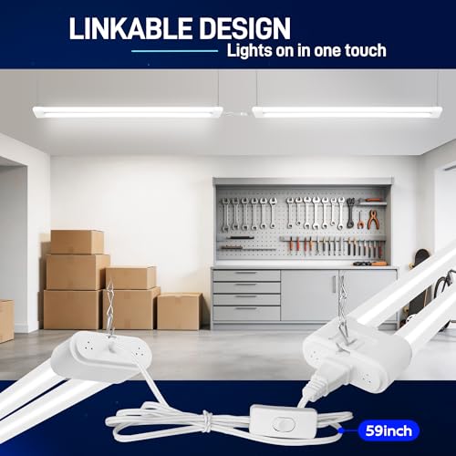 Image of hykolity 4FT 60W LED Shop Light,6500LM[450W Equivalent] 5000K Daylight | Plug-in Utility Linkable Shop Lights for Garage Workshop Warehouse Basement, Ceiling Hanging or Surface,White,4 Pack