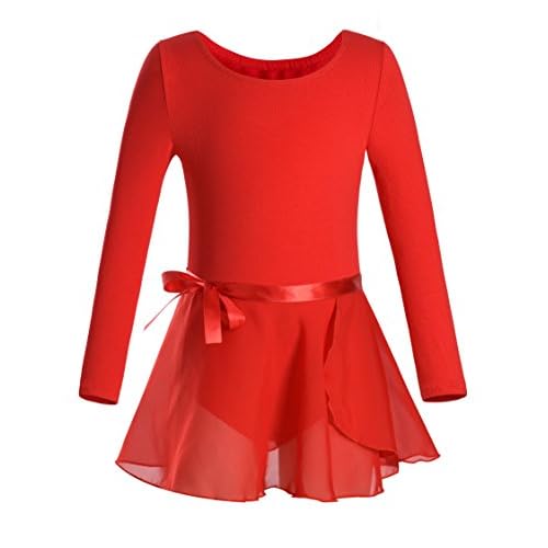 DANSHOW Girls Team Basic Long Sleeve Leotard with Skirt Kid Dance Ballet Tutu Dress 4-6 Years Red