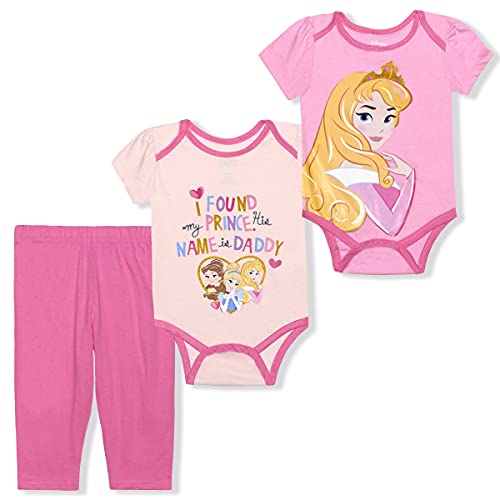Image of Disney Princess Aurora, Cinderella and Belle Girls’ Short Sleeve Bodysuits and Legging Set for Newborn and Infant – Pink