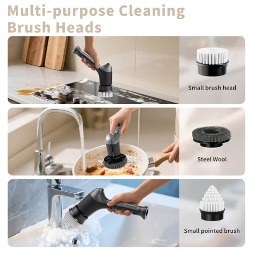 Image of Electric Spin Scrubber, Cordless Power Dish Scrubber Brush, Type-C Fast Charging with LED Power Display, 3 Speeds, 6 Replaceable Heads for Cleaning Kitchen Stove /Bowl /Sink /Corner /Tile /Grout (Grey)