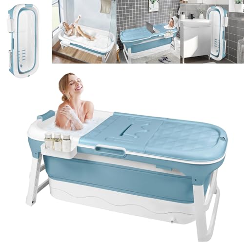 YARDIN Vasca da bagno pieghevole per adulti, 118 x 62 x 52 cm vasca da bagno pieghevole mobile, ideale per piccoli bagni, salvaspazio e portatile, include cuscino da bagno e tubo di scarico, blu