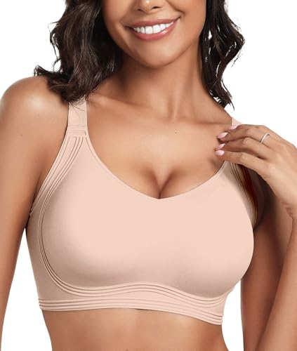 OEAK Womens Seamless Push Up Bras No Underwire Full Coverage Anti Sagging Comfortable Bras V Neck Bra Wireless Everyday Bra Nude XXL