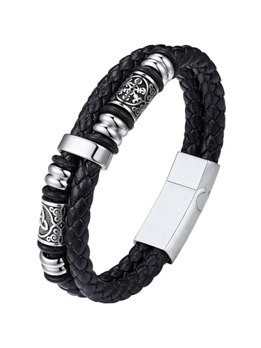 Bestyle Lederarmband Herren Armband Leder: Wikinger Armbänder Herren Silber mit Edelstahl Magnet Verschluss - 21cm Länge Personalisiert Flechtarmband Armkette Geschenke Schmuck für Männer