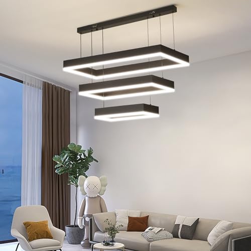Modern Kitchen Island Pendant Light, Rectangle Dimmable LED Chandelier, 3 Layer Adjustable Ceiling Light Fixture for Dining Room, Living Room, Bedroom, 3000K-6500K, Black Foyer Hanging Light
