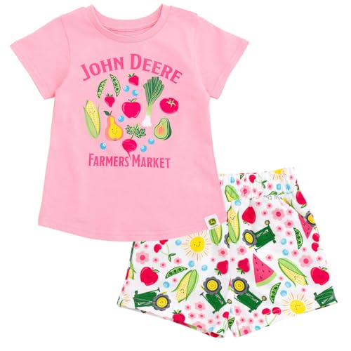 Image of John Deere Floral Horse Girls T-Shirt and French Terry Shorts Outfit Set Toddler to Big Kid Sizes (2T - 10-12)