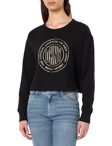 DKNY Sport Women's Metallic Medallion Logo Cropped Pullover Sudadera, Negro y Dorado, XS para Mujer