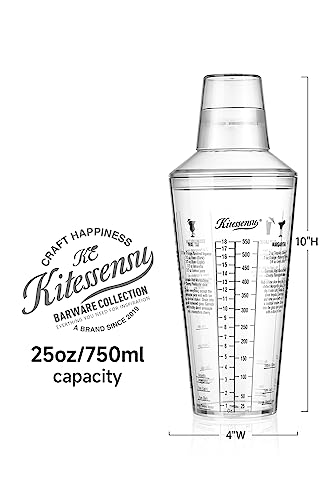 Kitessensu Cocktail Recipe Shaker - Martini Recipes Measured Plastic Cobbler Shaker With Cap And Built In Strainer - Best Gift For Beginner #TOP3