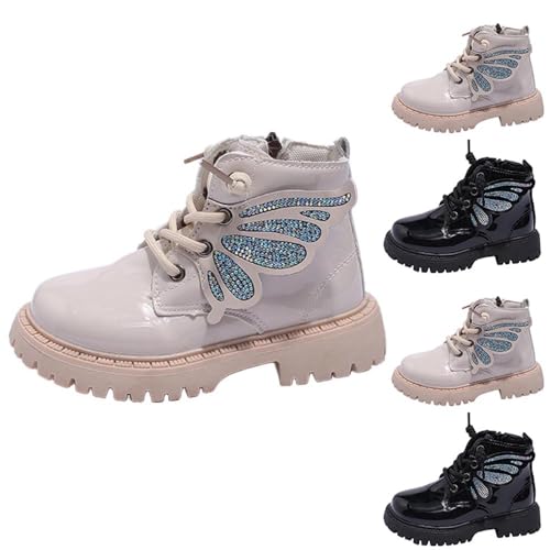 Girls Glitter Ankle Boots Fashion Lace Up Combat Boot Side Zipper Comfortable Low Heel Boots with Butterfly Wings