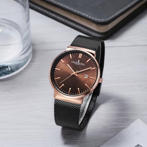 Image of London Fog Surrey Collection Analog Quartz Watch for Men with Round Textured Dial, Date Display Function, Stainless Steel Mesh Strap, Water Resistant - LFM10006