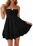 HVEPUO Women Spaghetti Strap Sleeveless Smock Cami Mini Dress Summer Vacation Flowy Boho A Line Swing Short Dresses for Women Black Mini Dress S