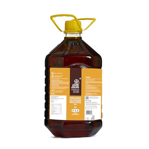 Image of Pure & Sure Organic Cold Pressed Mustard (Kachi Ghani) Oil 5 Litres | Natural Sarso Tel for Cooking, Hair Care & Skin Care | Rich Flavour and Nutrients