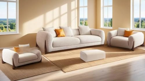 Image of Boucle Fabric Modern Design Sofa with Pillow or Strong Woden Legs Best for Living Room, Halways, Garden (3+1+1 Seater + Ottoman)