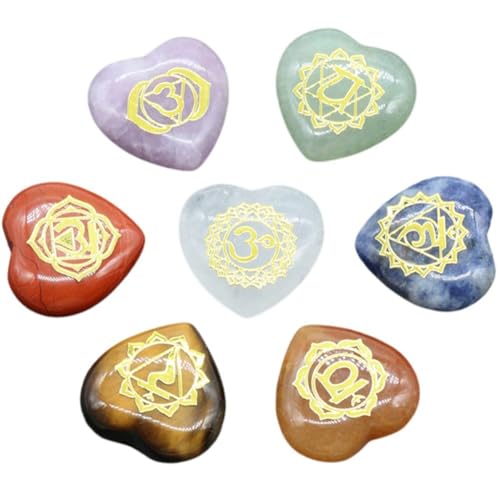 Lpitoy 7 Piezas De Piedras De De Chakra, Cristales Curativos De Reiki Naturales, Piedras Preciosas con Símbolo De Chakra, Kit De Piedras De Chakra En Forma De Corazón para Terapia