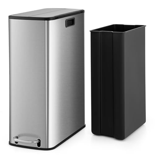 S AFSTAR 12 Gal Kitchen Trash Can, Wings Open Lid Stainless Steel Garbage Bin with Soft-Closing Lids & Removable Inner Bucket, Narrow Step-on Waste Bin for Living Room Bathroom Office, Silver