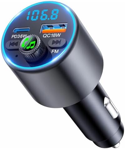 EOIWUY Upgraded Bluetooth Adapter Auto, FM Transmitter Auto Bluetooth 5.3 | [Schnellladung] PD36W & QC3.0 18W, [HiFi-Kristallklarem Sound] Freisprechanlage KFZ Ladegerät Zündungska