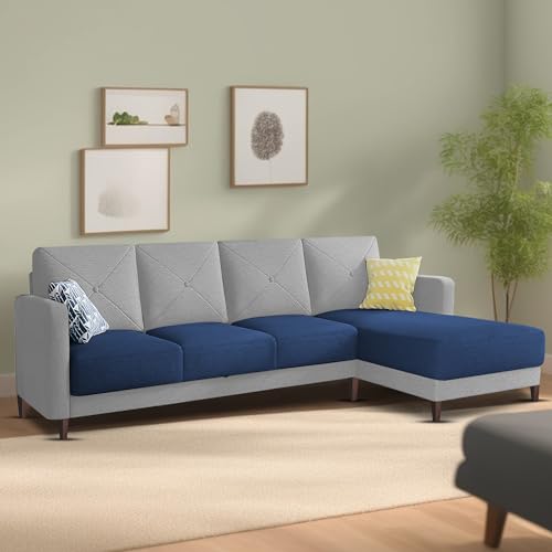 Image of Baloney RHS 6 Seater L Shape Sofa Set for Living Room (Blue Grey Fabric) Premium Fabric Sofa