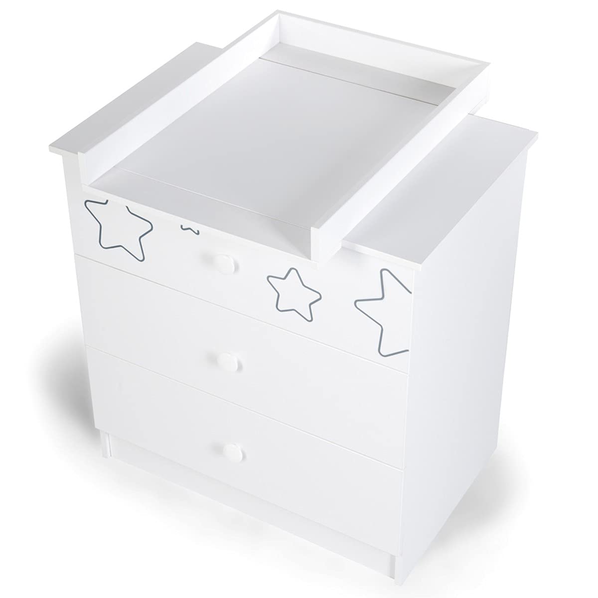 Tino Commode Enfant 3 tiroirs Motifs étoiles + Plan à Langer Amovible Blanc 83x54x87cm