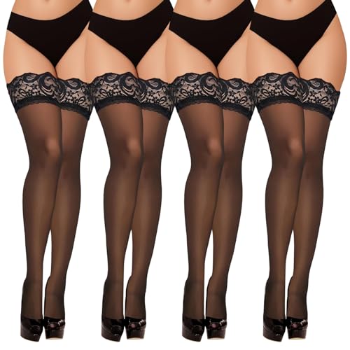 GROVL 4 Pairs Silk Thigh High Stockings With Delicate Lace, One Size Fits All, Hold Up For Women in Classic Black, Silky Smooth Transparent