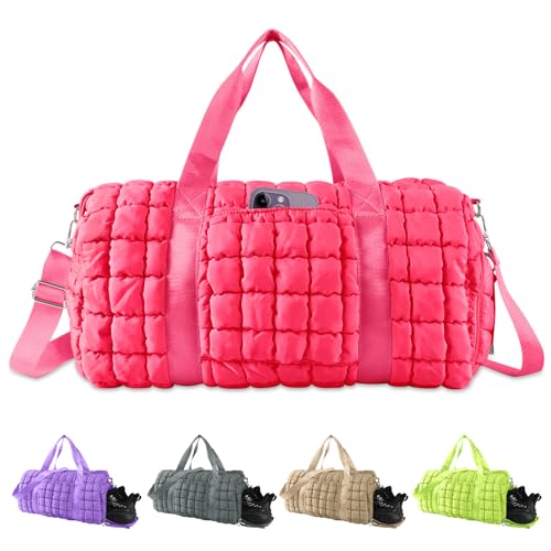 Image of Quilted Travel Duffle Bag Gym Bag for Women,Large Puffer Duffle Weekender Bag with Compartment,Workout Overnight Carry on Organizer Bag Duffle Bag for Airplane Travel(Rosered)