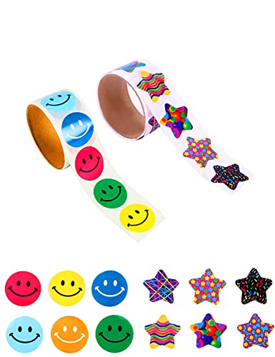 2 rollos de pegatinas de recompensa motivacional para niños, cara sonriente y estrellas, pegatinas para profesores (200 pegatinas en total) Cover