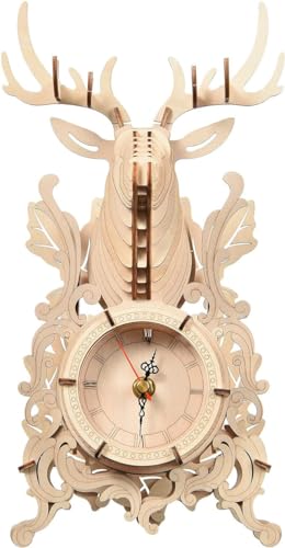 3D木製パズルヘラジカ/海賊船時計卓上時計モデルキット、時計塔 置き時計 家の装飾 手作り 説明書付き 子供と大人向け クロックキット 知育玩具 3Dパズル機械式時計キットを組み立てる木製モデル、時計作成キット大人と子供新年 ギフト 誕生日 クリスマス プレゼント 贈り物