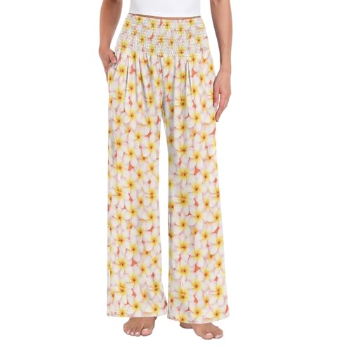 Pantalon palazzo femme à fleurs de plumeria et taille haute avec poches
