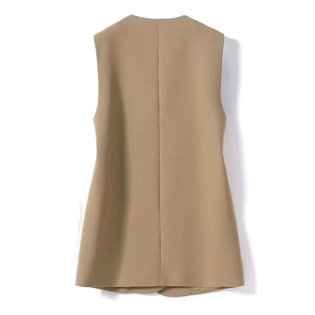 Chaleco largo con cuello en V para mujer, sin mangas, con doble botonadura