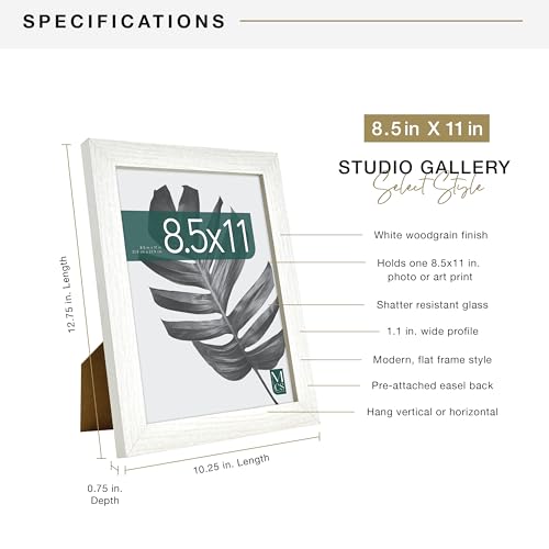 MCS Studio Gallery 8.5x11 Picture Frame White Woodgrain, Rectangle Photo Frame for Photos, Posters & Art Prints & Easel for Tapletop Display (1-Pack)