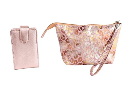 Lipstick Carrying Case Combo, 1 Mirrored Flip Pouch that holds 4 Lipsticks and 1 Zippered Wristlet with Elastic That Holds 16 Lipsticks (Rose Gold Lips Flip & Wristlet)