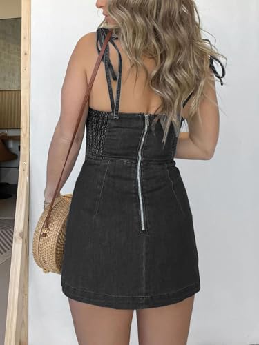 Image of utcoco Women's 2026 Summer Tie Shoulder Denim Mini Dress Sleeveless Side Slit Bodycon Short Jean Dress