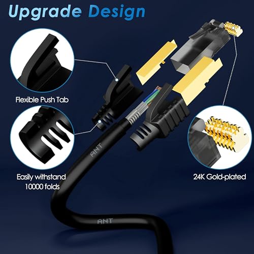 Image of Ant Esports AEC7105 Gold Plated Cat7 Ethernet Cable High Speed 10Gbps 600MHz Ethernet Cord LAN Cable with RJ45, Weatherproof Internet Network Patch Cord for Gaming, PS, Xbox, Modem, Router 5M Black