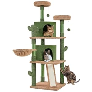 Yaheetech Cactus Cat Tree, 66in Cat Tower for Indoor Cats, Multi-Level Cat Tree with Large Condos & Ramp, Pet Play House with Padded Perch, Platforms, Basket & Hanging Ball, Green/Brown