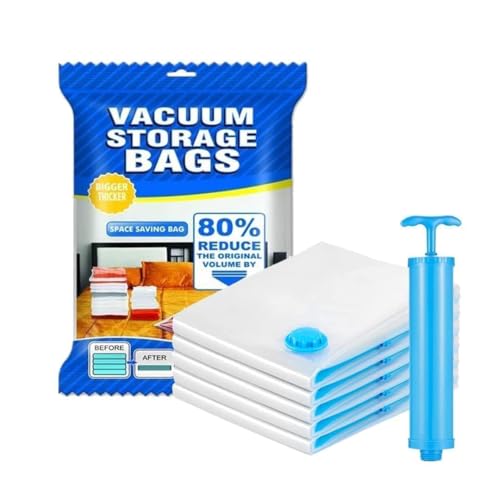 Image of Vacuum Storage Bags for Clothes with Pump, Reusable Space Saver Compression Bags for Travel, Blanket, Bedding & Wardrobe Storage, Pack of 5 (Jumbo, Large, Medium, Small)