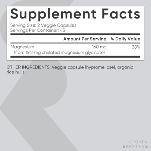 Sports Research® Magnesium Glycinate - Supports Restful Sleep & Enzymatic Processes - 160 mg Chelated Magnesium - Vegan Capsule - 90 Count - Image 6