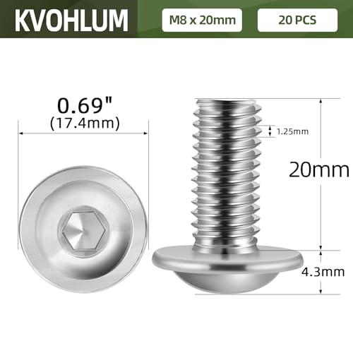 Image of M8-1.25 x 20mm 20 PCS Flanged Button Head Socket Cap Bolts Screws, Stainless Steel 304, Allen Socket Drive, Screwdriver Bit Included, Bright Finish, Fully Machine Thread