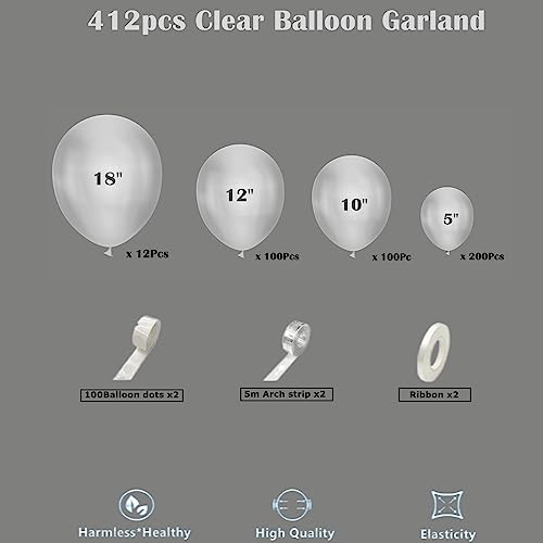 Image of 412pcs Clear Balloon Garland Arch Kit 18 12 10 5 Inch Different Sizes Matte Latex Crystal Transparent Balloons for Baby Shower Birthday Wedding Graduation Anniversary Party Decoration