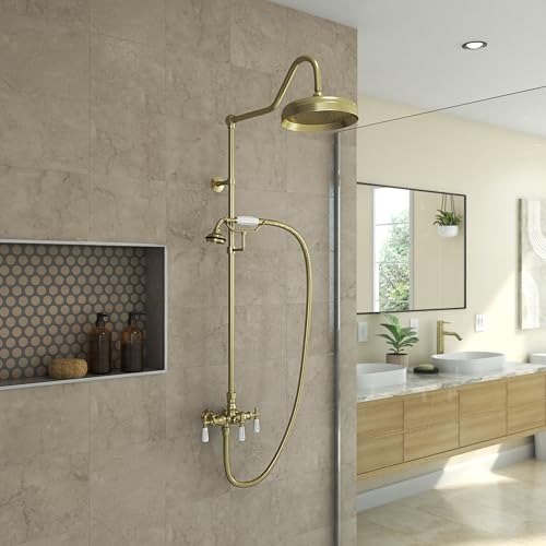 Image of Abbey 10 x 34 1 /2 Shower Faucet Set with Handshower, Brushed Brass