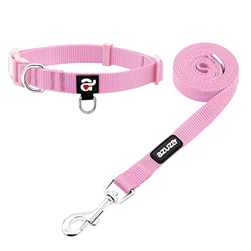 azuza Nylon Dog Collar and Leash Set, Strong & Durable Basic Style Leash and Collar with ID Tag Ring, Available in Multiple Lengths for Medium Dogs, Pink,M