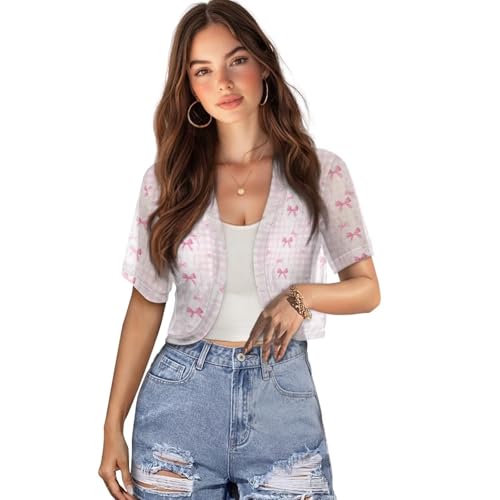 Image of Womens Short Sleeve Bolero Shrug Open Front Knit Cropped Cardigan Shoulder Cover for Dress Cute Casual Knit Cover Up