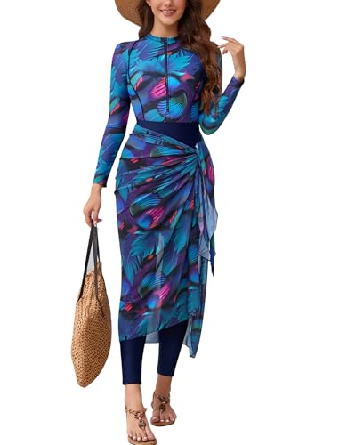 IKADEX Muslim Swimsuits for Women Burkini Swimwear 5 PCS Full Covered Rash Guard Surfing Bathing Suit Wetsuit with Swimming Cap Blue L