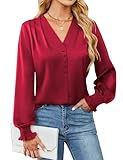 BMJL Women's Blouses Dressy Casual Satin Silk Long Sleeve Shirts Business Casual Tops(Red,XL