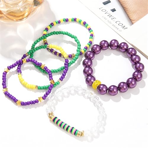 Dreuyet Mardi Gras Bracelets for Women Charm Purple Green Gold Beaded Stretch Bracelets Fashion Simple Fleur De Lis Bracelets Carnival Holiday Accessory Party Gifts4